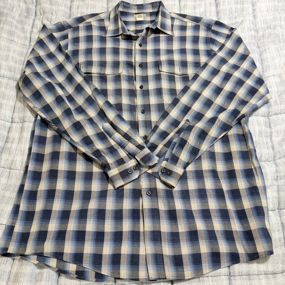 L.L.Bean Flannel Button Up Shirt Roll Tab Sleeves Mens XLT Blue Plaid Pre-owned
